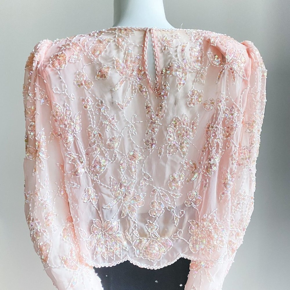 Vintage SILK Peach Pink Beaded Embroidered Cropped Evening Top M - Picture 9 of 9